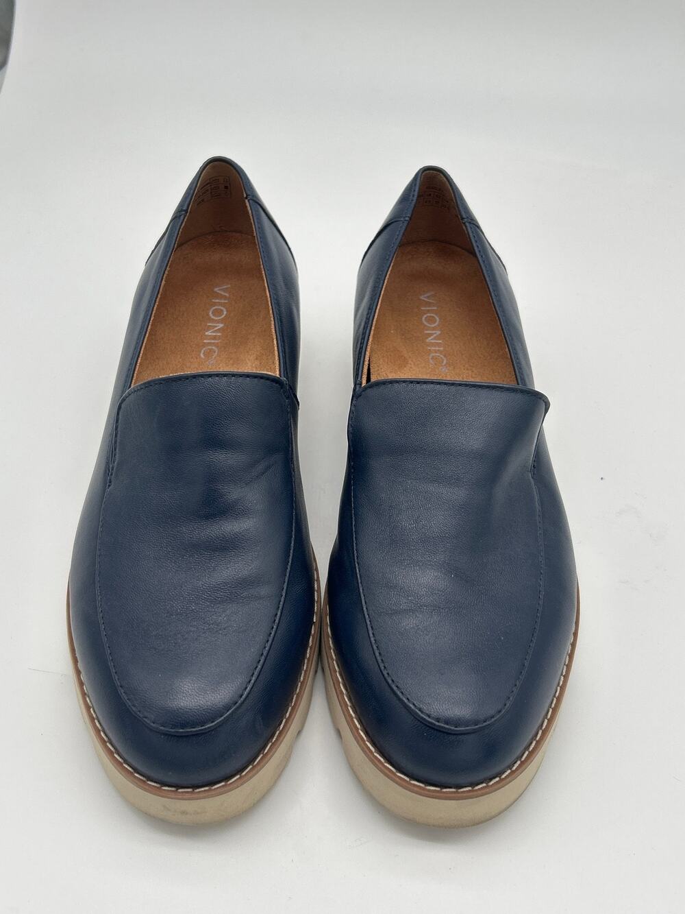 Vionic Kensley Loafers Navy Leather Platform Comfort Shoes Size 7 Wide Work